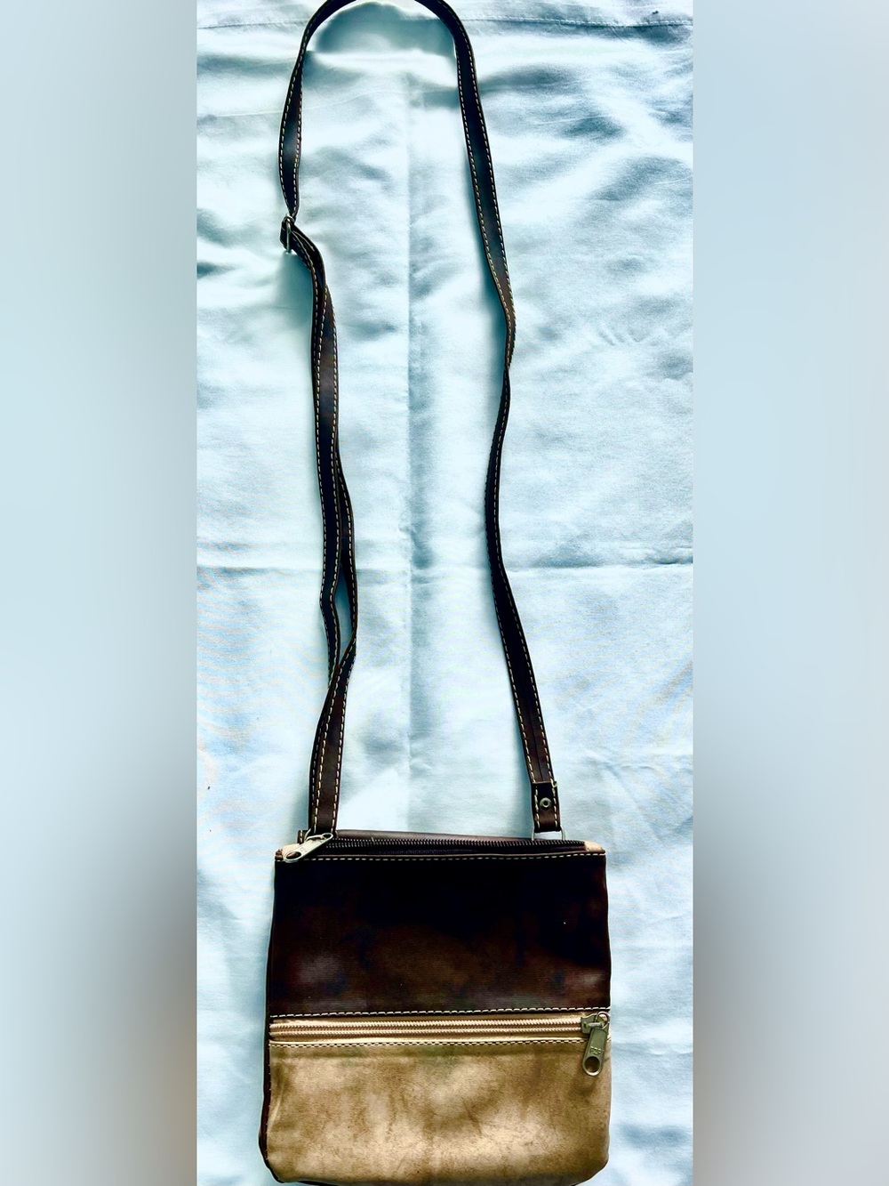 Vintage Brown Leather Crossbody Bag Two Tone Multi Pocket Flap Zip Organizer